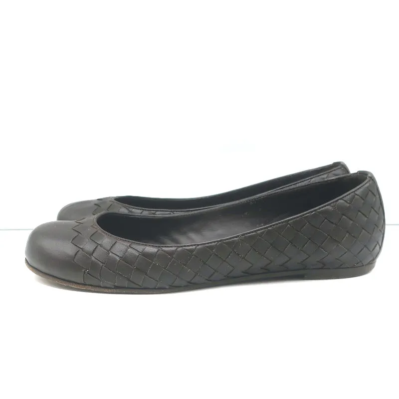 Bottega Veneta Intrecciato Leather Ballet Flats Dark Brown Size 38