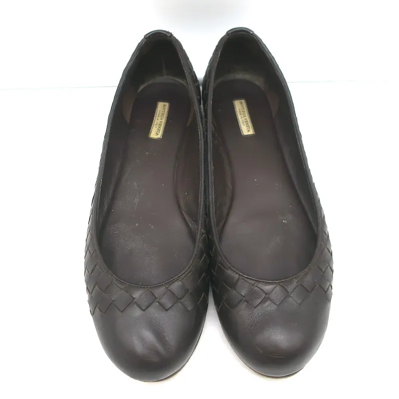 Bottega Veneta Intrecciato Leather Ballet Flats Dark Brown Size 38
