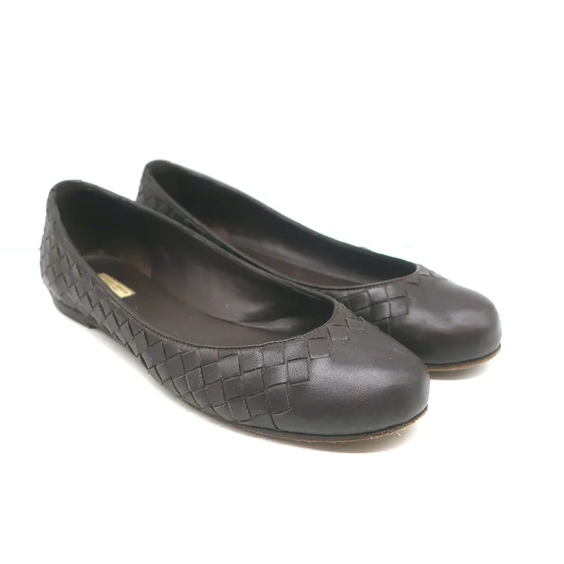 Bottega Veneta Intrecciato Leather Ballet Flats Dark Brown Size 38