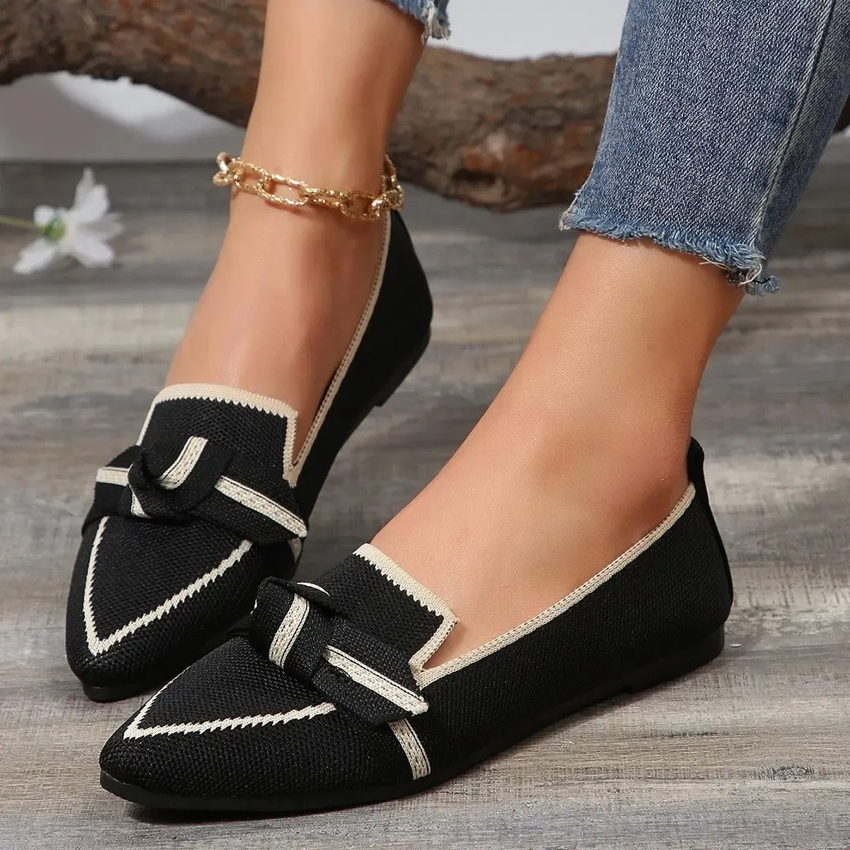 Bow Contrast Trim Point Toe Shoes