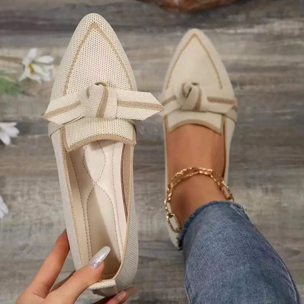 Bow Contrast Trim Point Toe Shoes