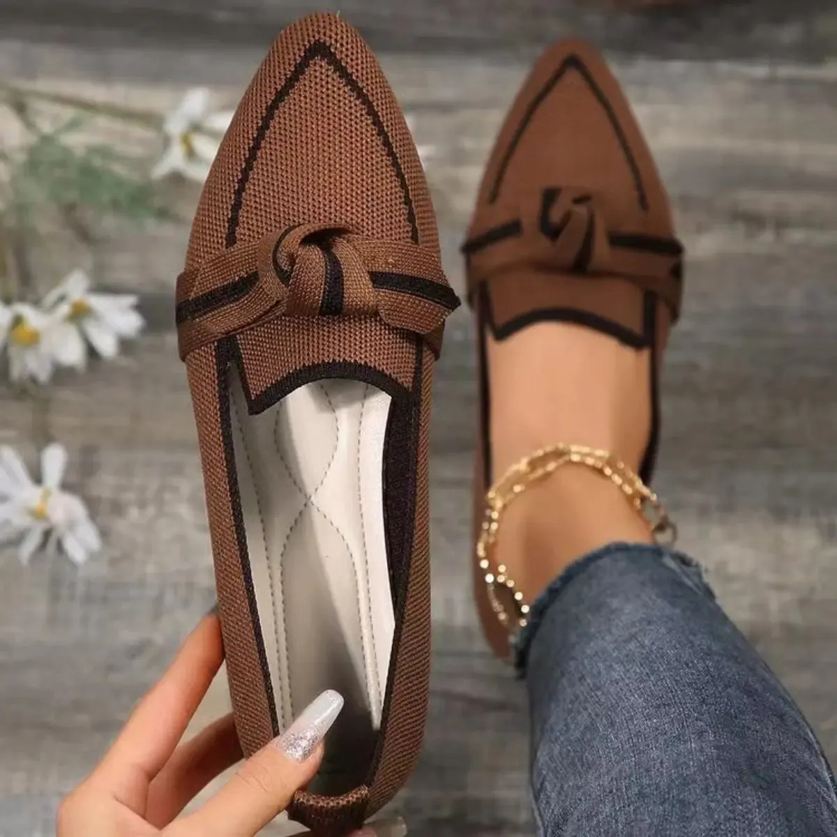 Bow Contrast Trim Point Toe Shoes