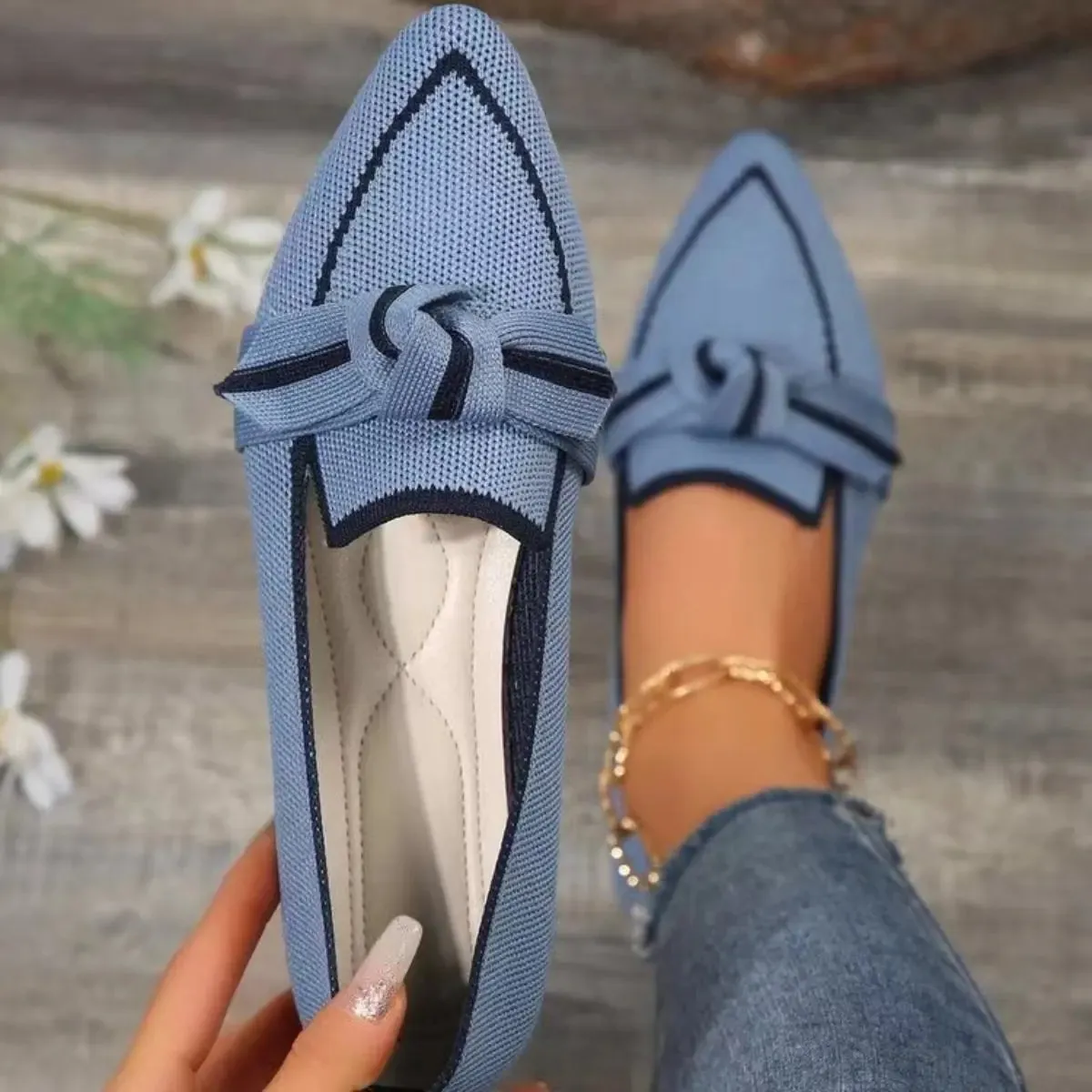 Bow Contrast Trim Point Toe Shoes