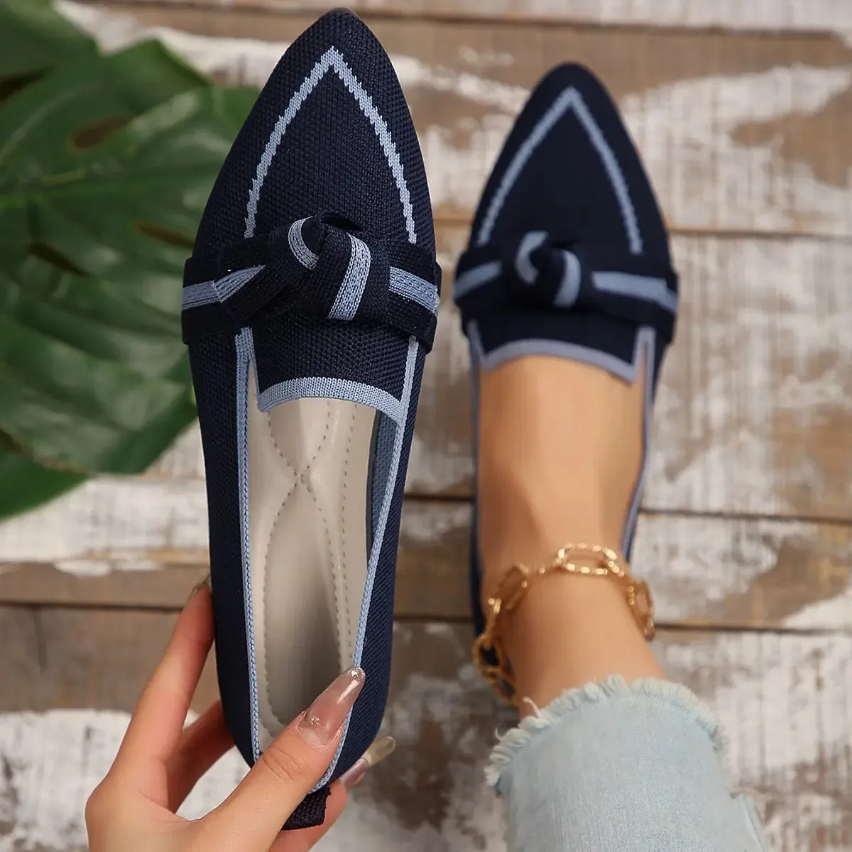 Bow Contrast Trim Point Toe Shoes