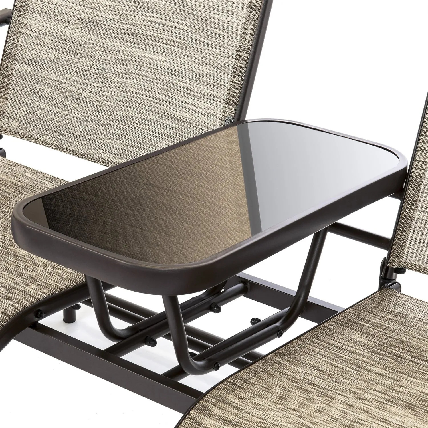 Brown 2-Seater Outdoor Mesh Double Glider Tempered Glass Attached Center Table