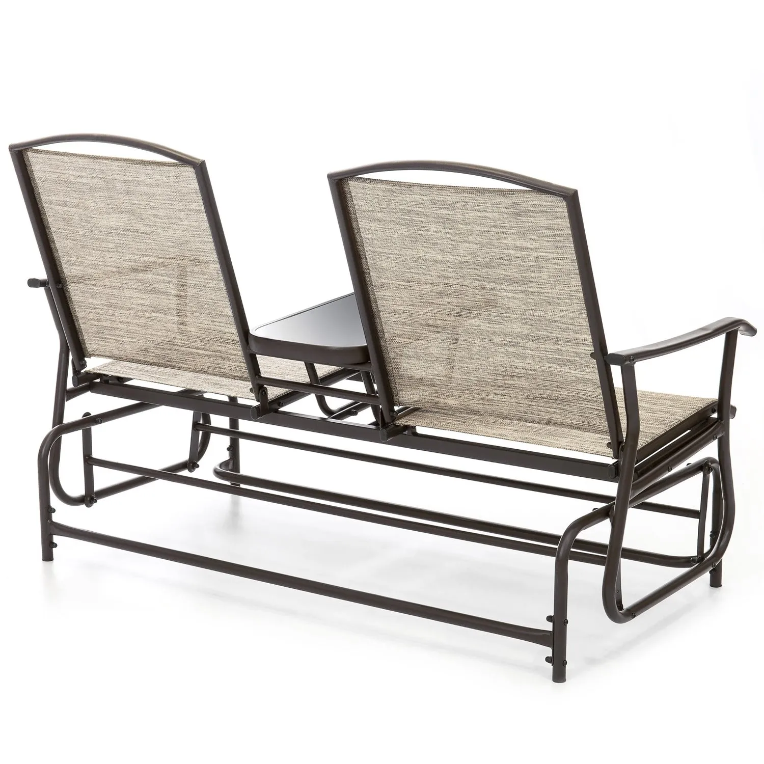 Brown 2-Seater Outdoor Mesh Double Glider Tempered Glass Attached Center Table