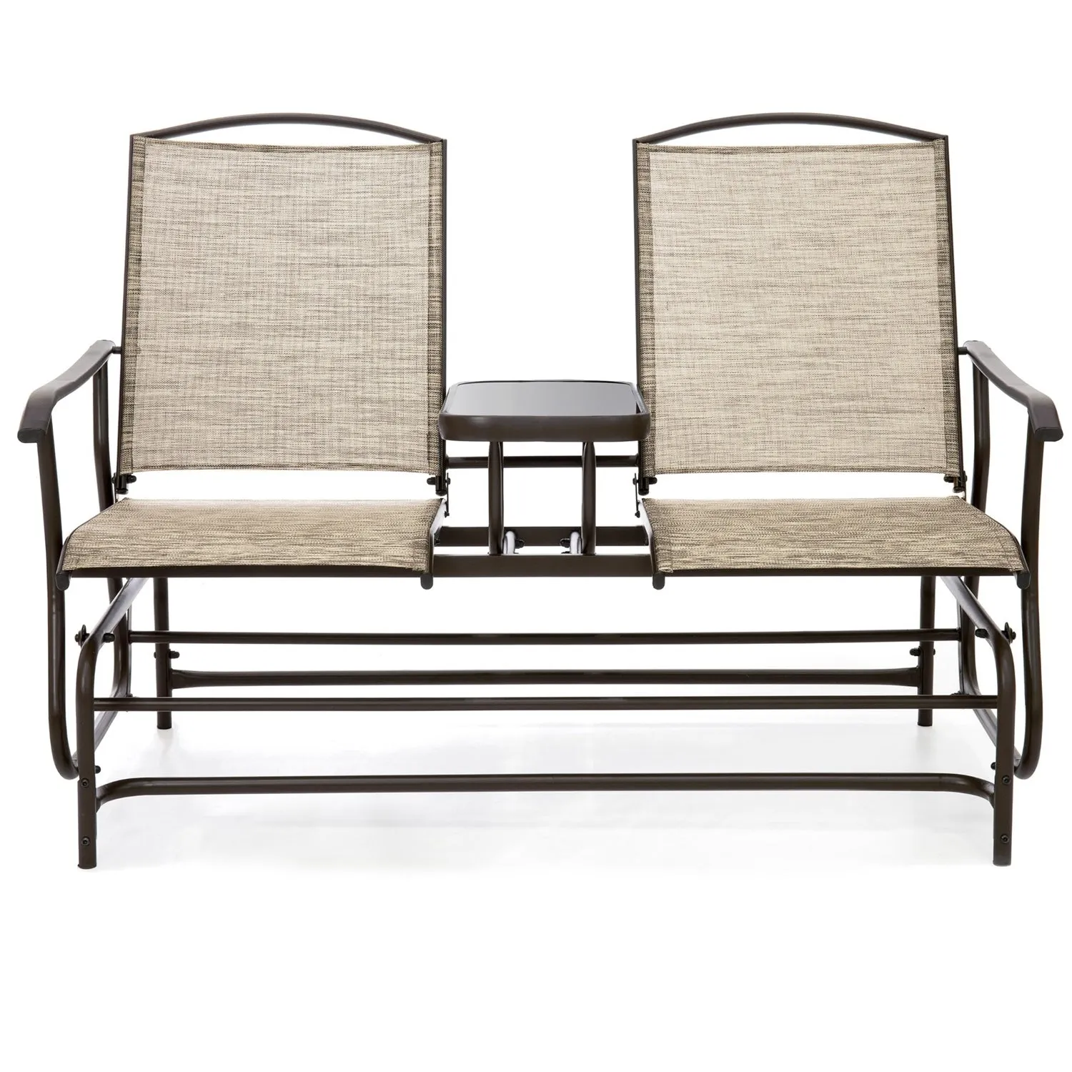 Brown 2-Seater Outdoor Mesh Double Glider Tempered Glass Attached Center Table