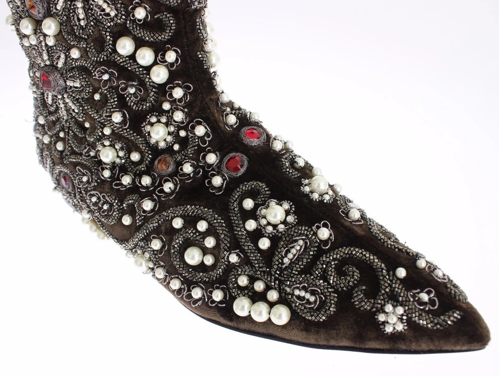 Brown Velvet Silver Baroque Crystal Boots
