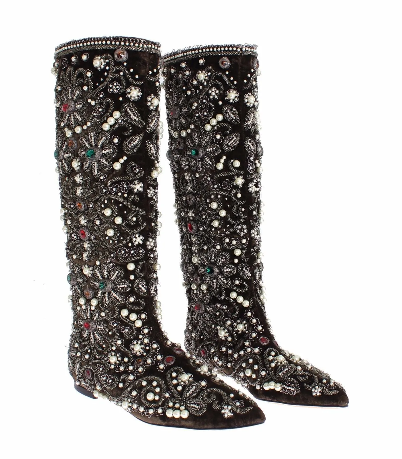 Brown Velvet Silver Baroque Crystal Boots