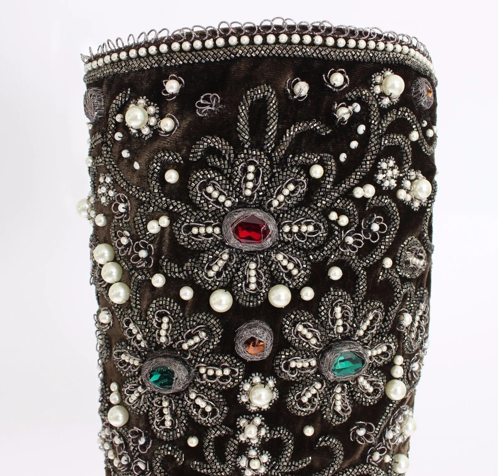 Brown Velvet Silver Baroque Crystal Boots