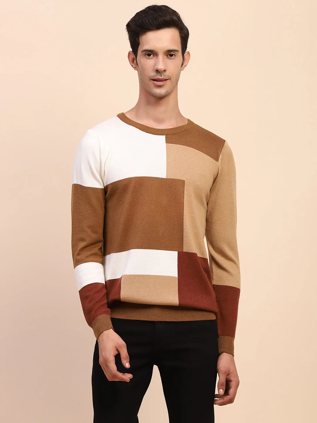 Camla Barcelona Colourblock Crew Neck Fawn Sweater