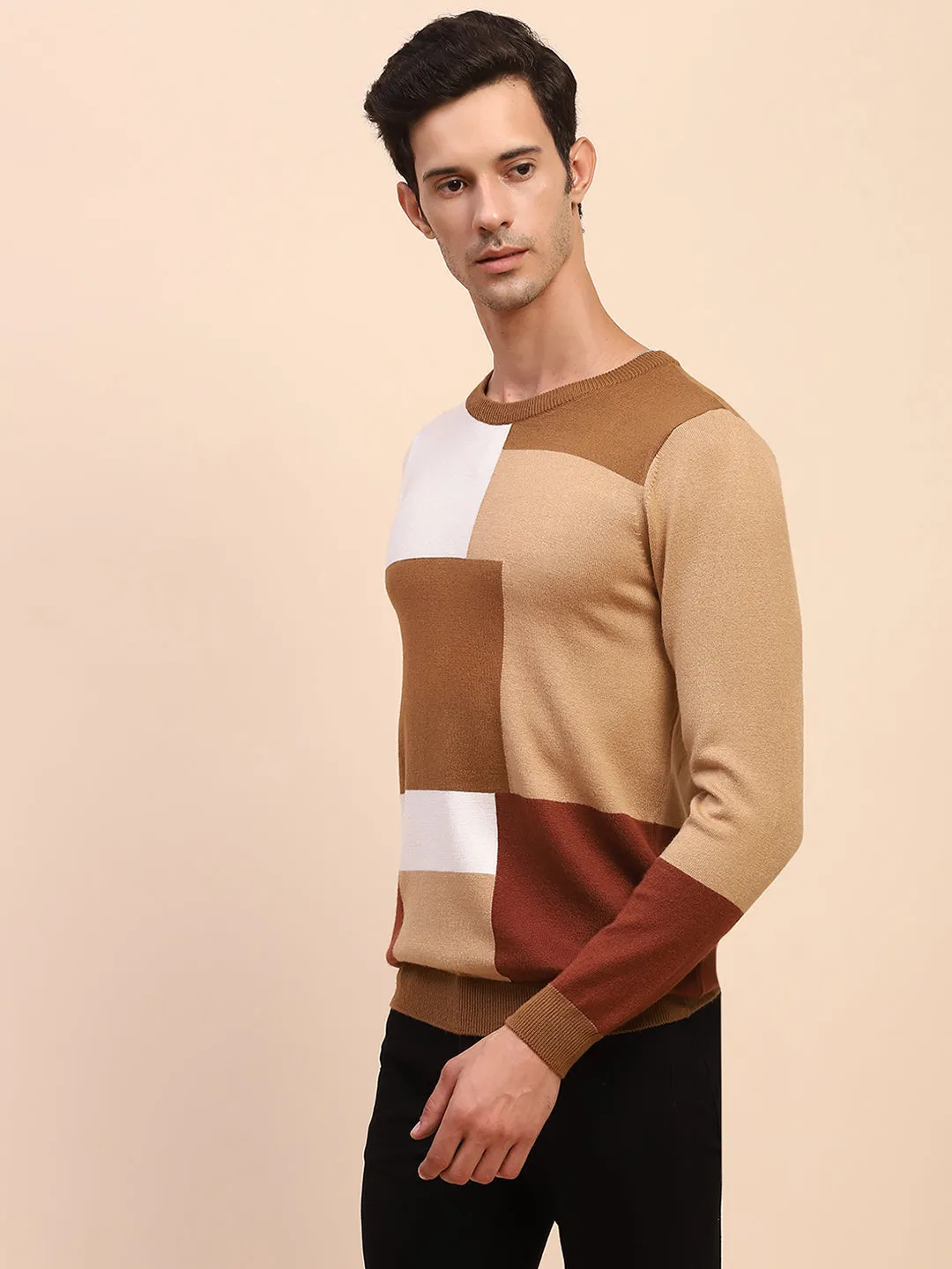 Camla Barcelona Colourblock Crew Neck Fawn Sweater