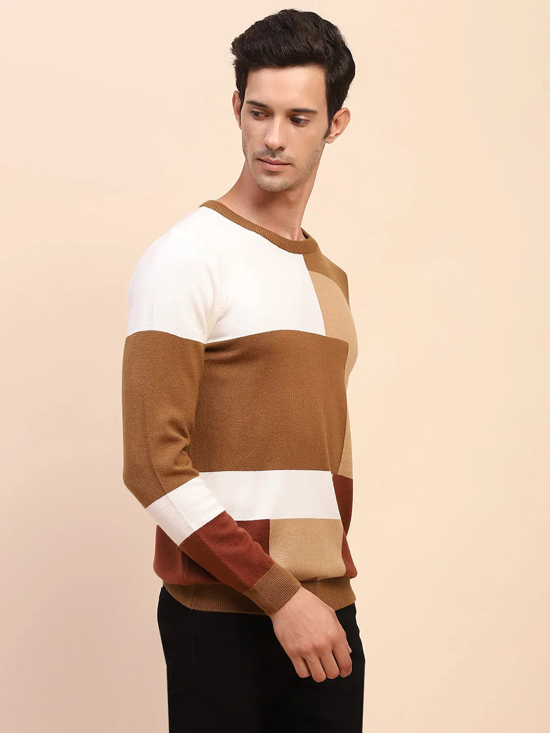 Camla Barcelona Colourblock Crew Neck Fawn Sweater