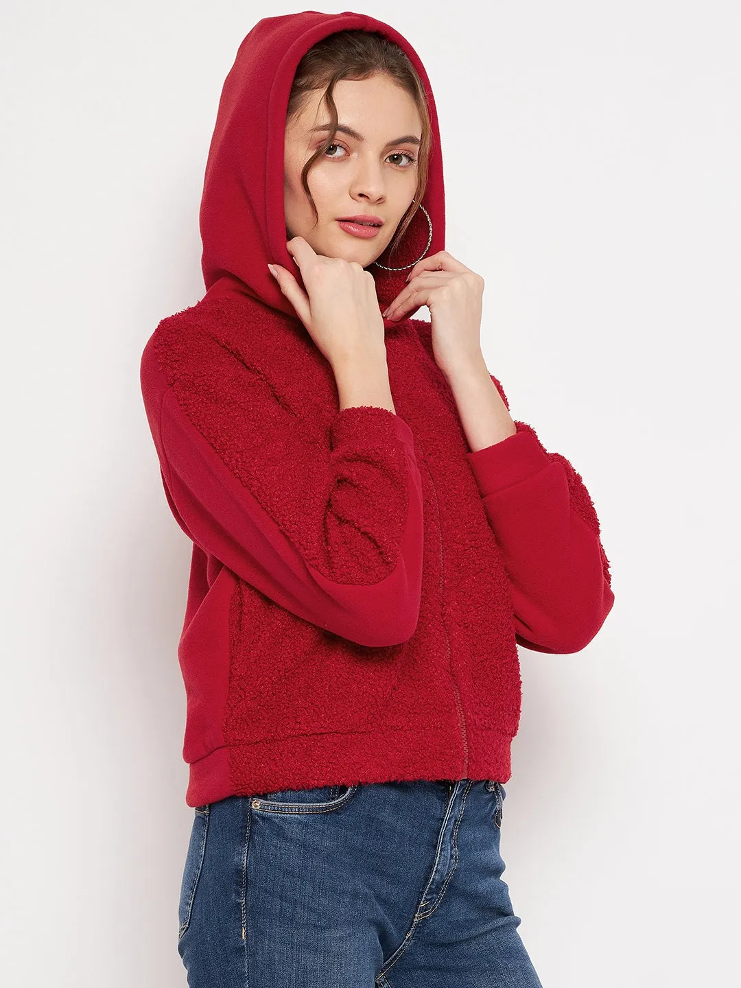 Camla Barcelona Solid Red Hooded Sherpa Sweatshirt