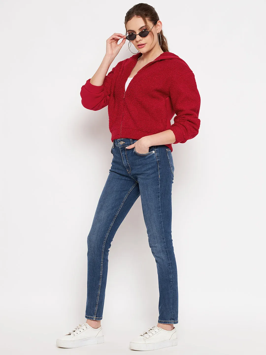 Camla Barcelona Solid Red Hooded Sherpa Sweatshirt