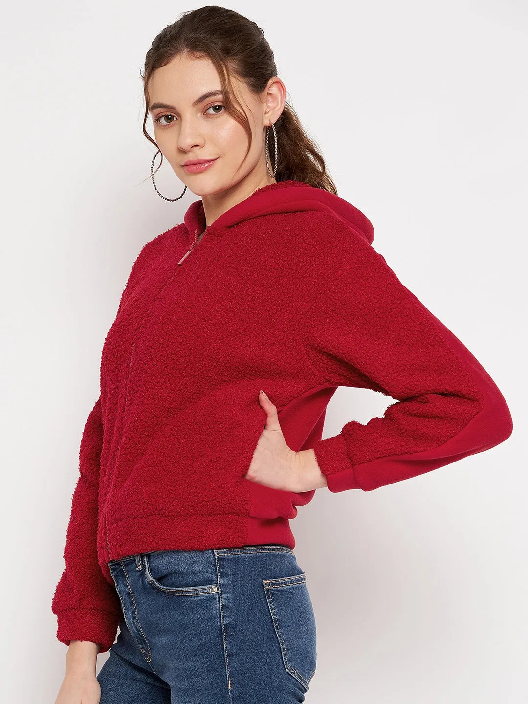 Camla Barcelona Solid Red Hooded Sherpa Sweatshirt