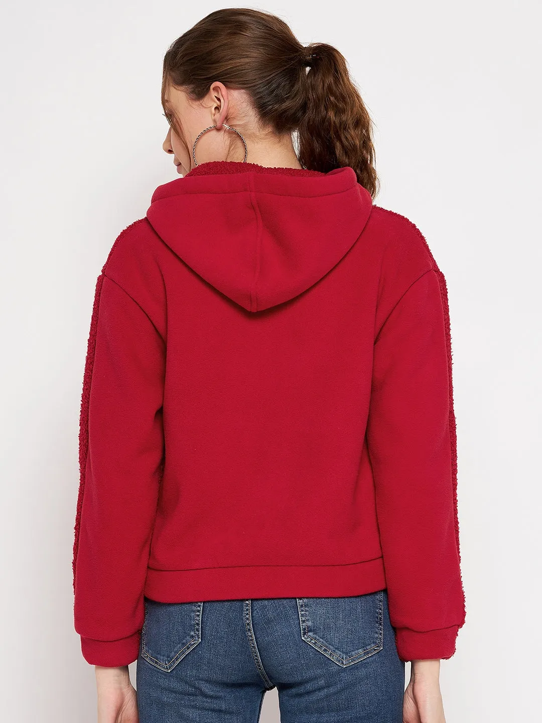 Camla Barcelona Solid Red Hooded Sherpa Sweatshirt