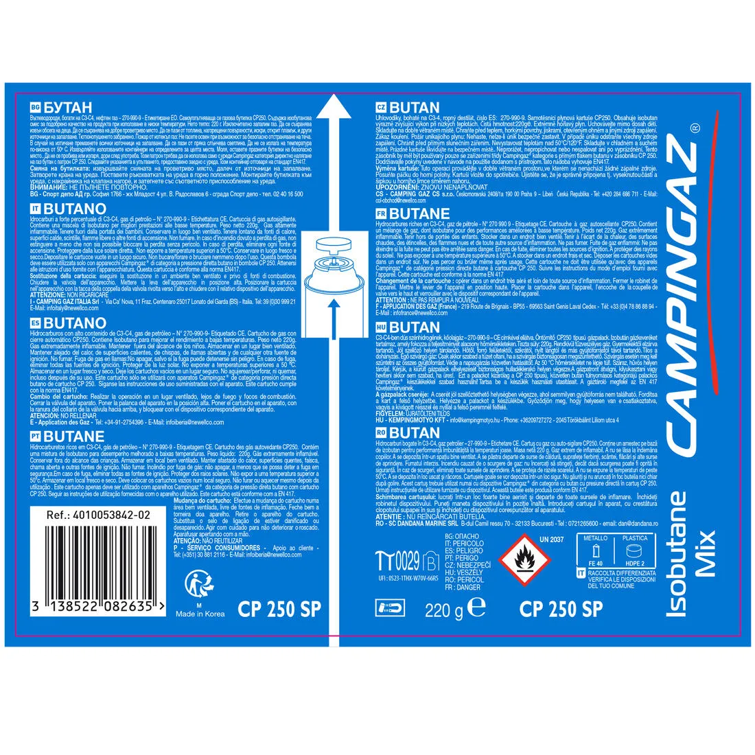 Cartouche de gaz à valve CP 250 pour réchaud (220 grammes)