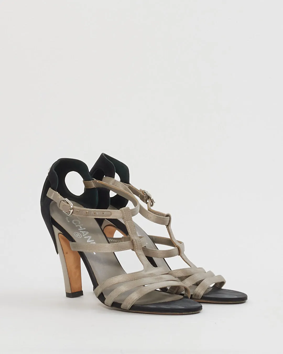 Chanel Black and Grey Satin Heel Sandals-38.5