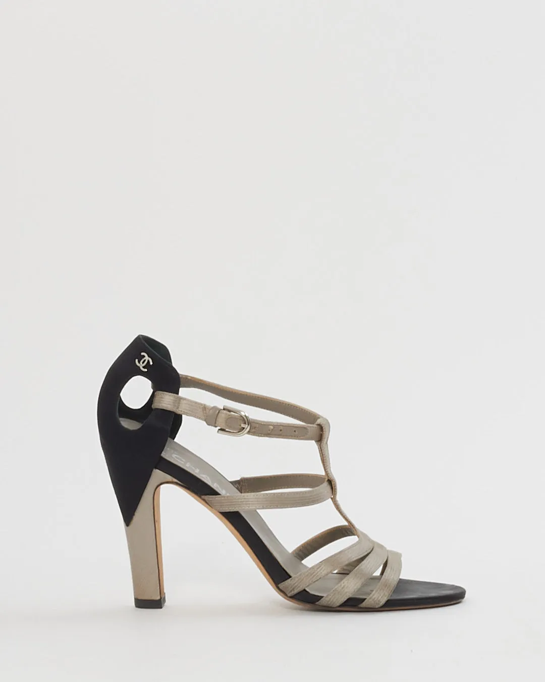 Chanel Black and Grey Satin Heel Sandals-38.5