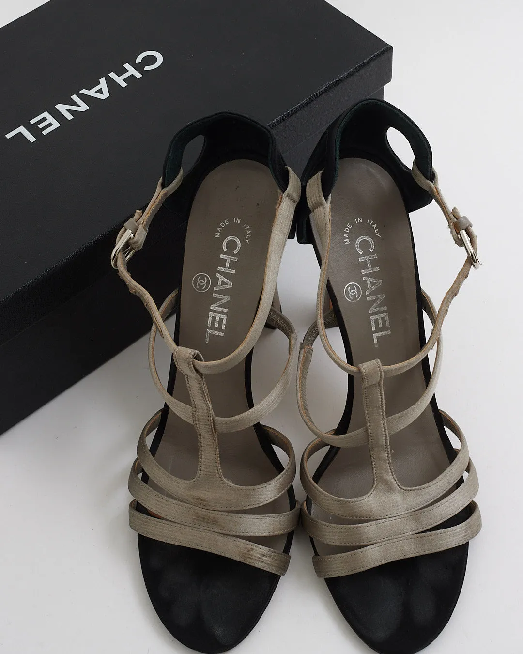 Chanel Black and Grey Satin Heel Sandals-38.5