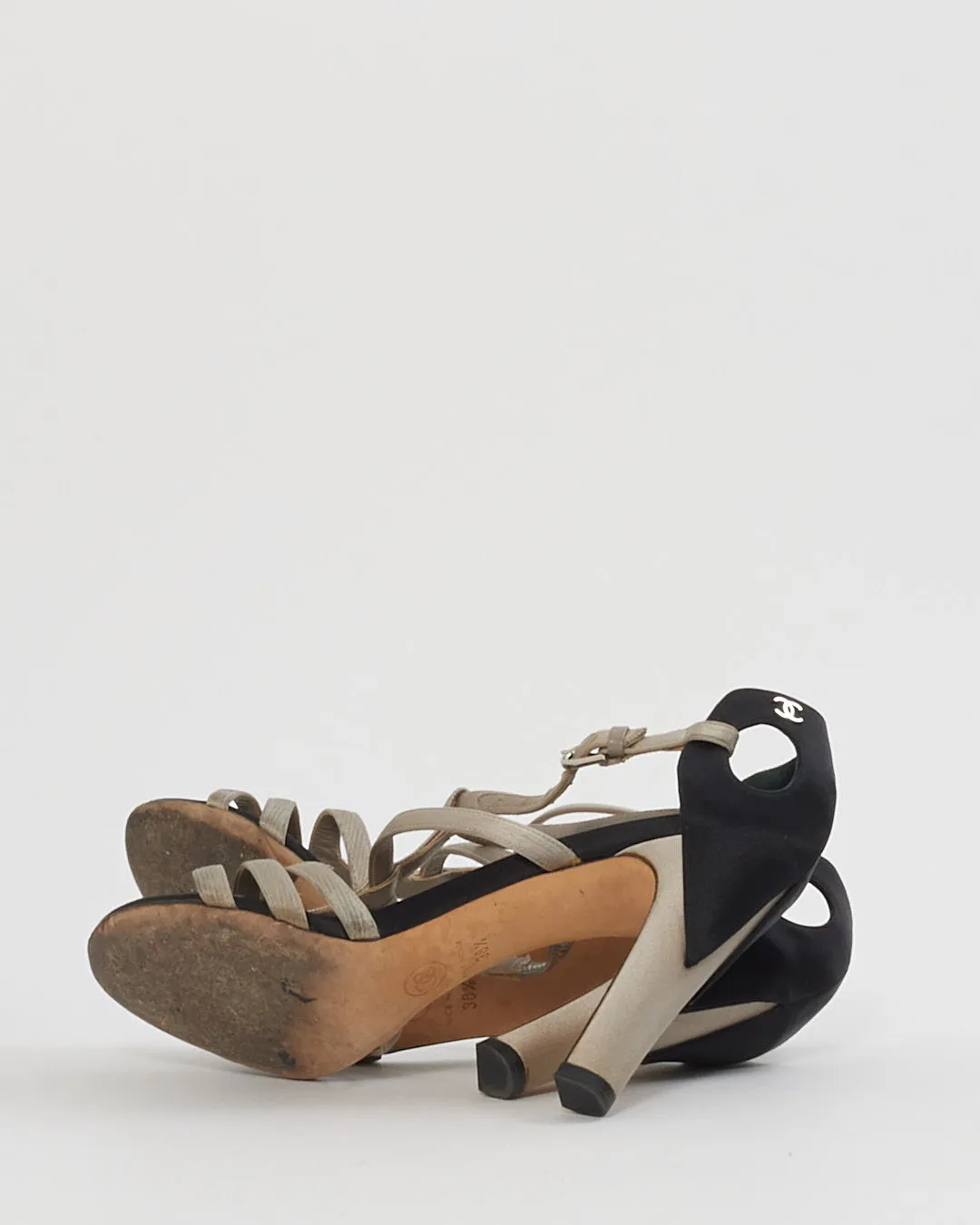 Chanel Black and Grey Satin Heel Sandals-38.5
