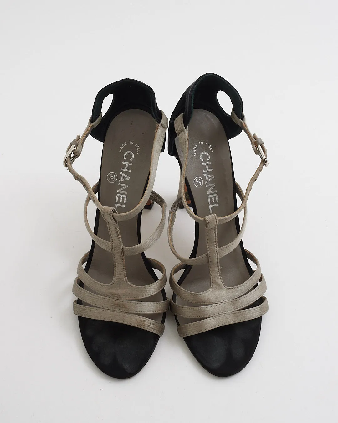 Chanel Black and Grey Satin Heel Sandals-38.5