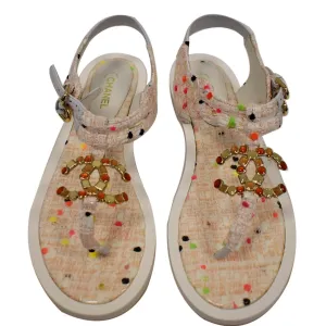 CHANEL Thong Tweed Sandals Off White Size 40