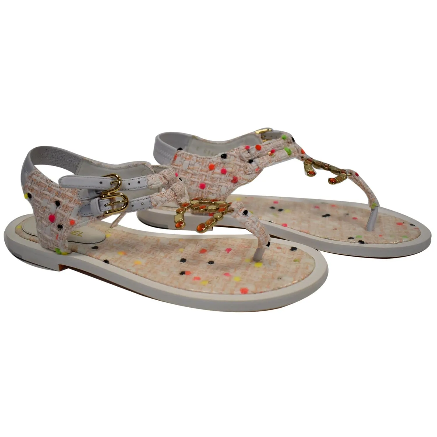 CHANEL Thong Tweed Sandals Off White Size 40