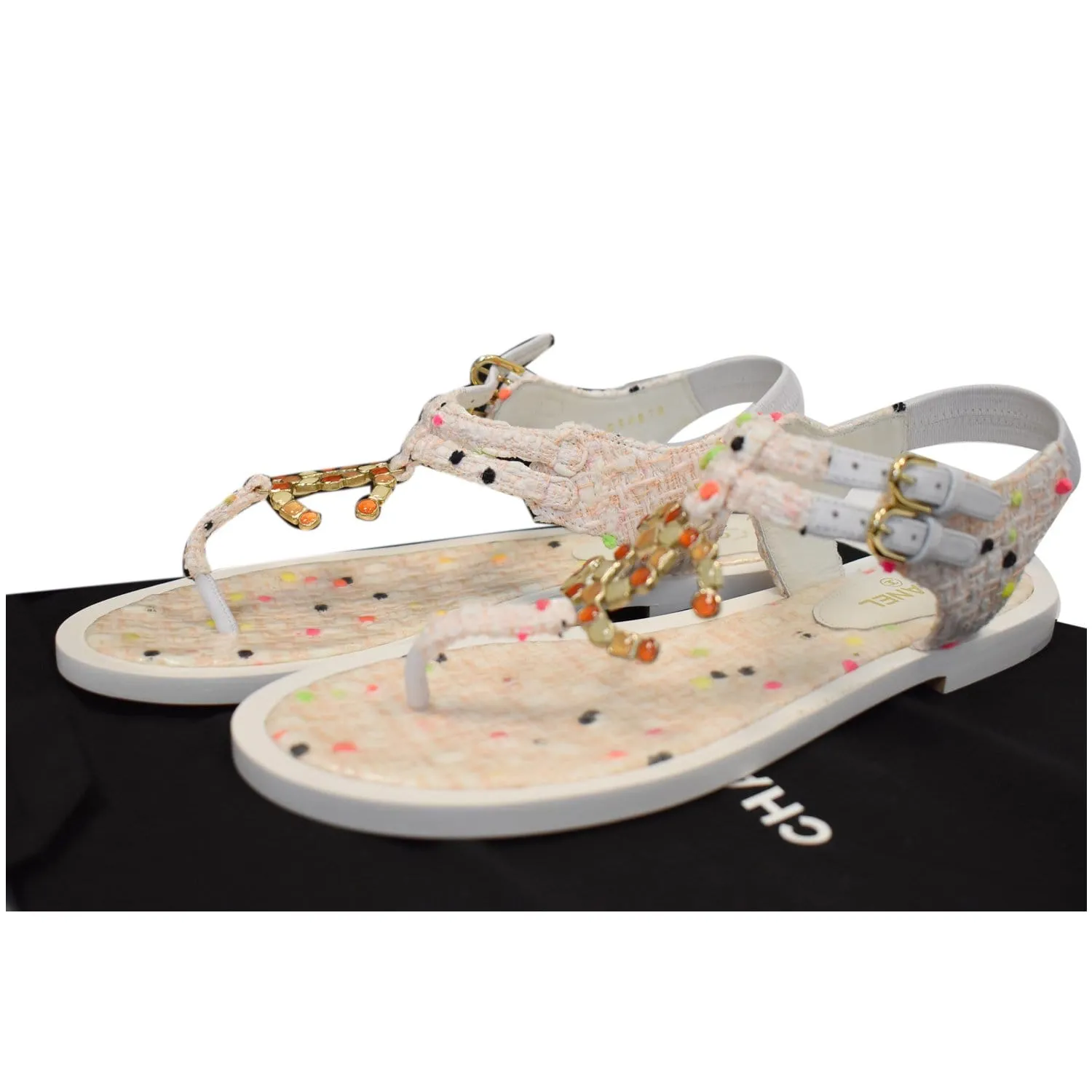 CHANEL Thong Tweed Sandals Off White Size 40