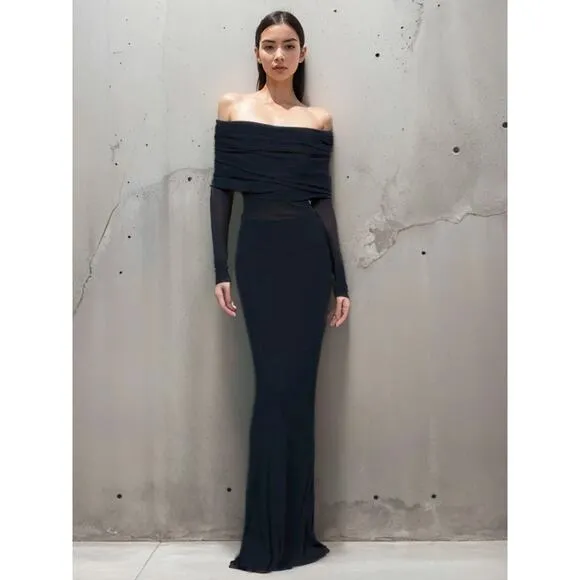 Commense Off-Shoulder Mesh Long Sleeve Long Dress Sz S NWT