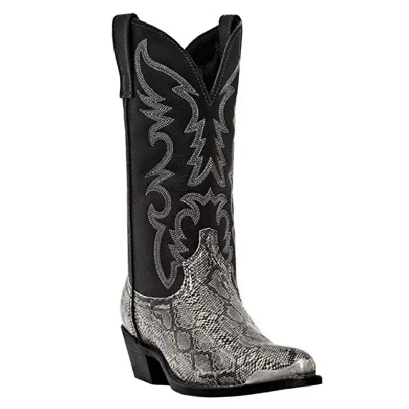 Cowboy Boots Brown Faux Leather Shoes Retro Men Boots Embroidered Western Big Size 46 47 48 Ethnic Boots Motorcycle Boots
