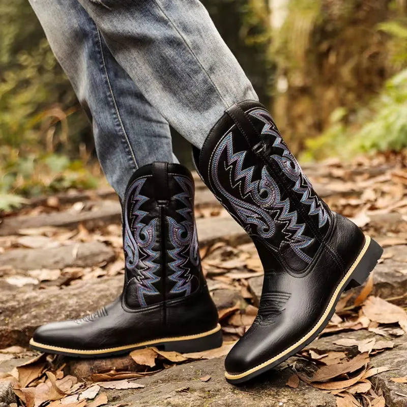 Cowboy Boots Brown Faux Leather Shoes Retro Men Boots Embroidered Western Big Size 46 47 48 Ethnic Boots Motorcycle Boots