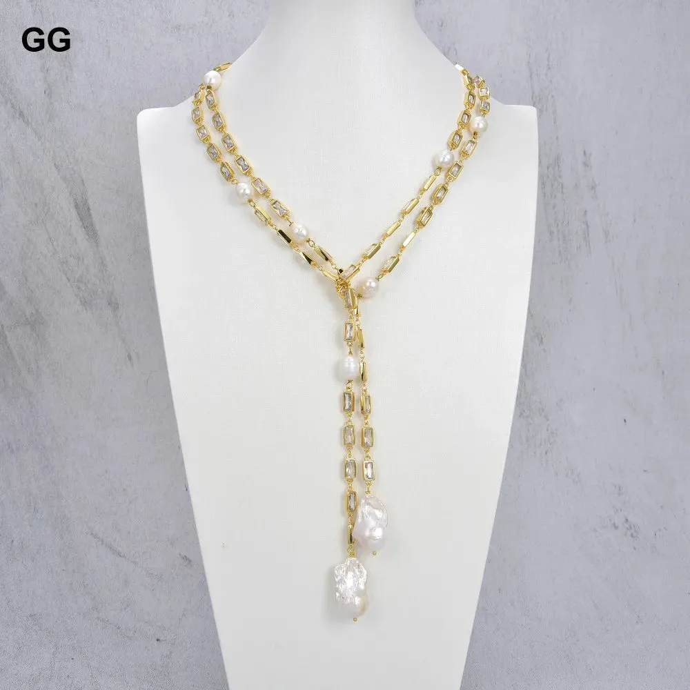 Cultured White Keshi Pearl Rectangle Cz Pave gold plate Chain Necklace 50"