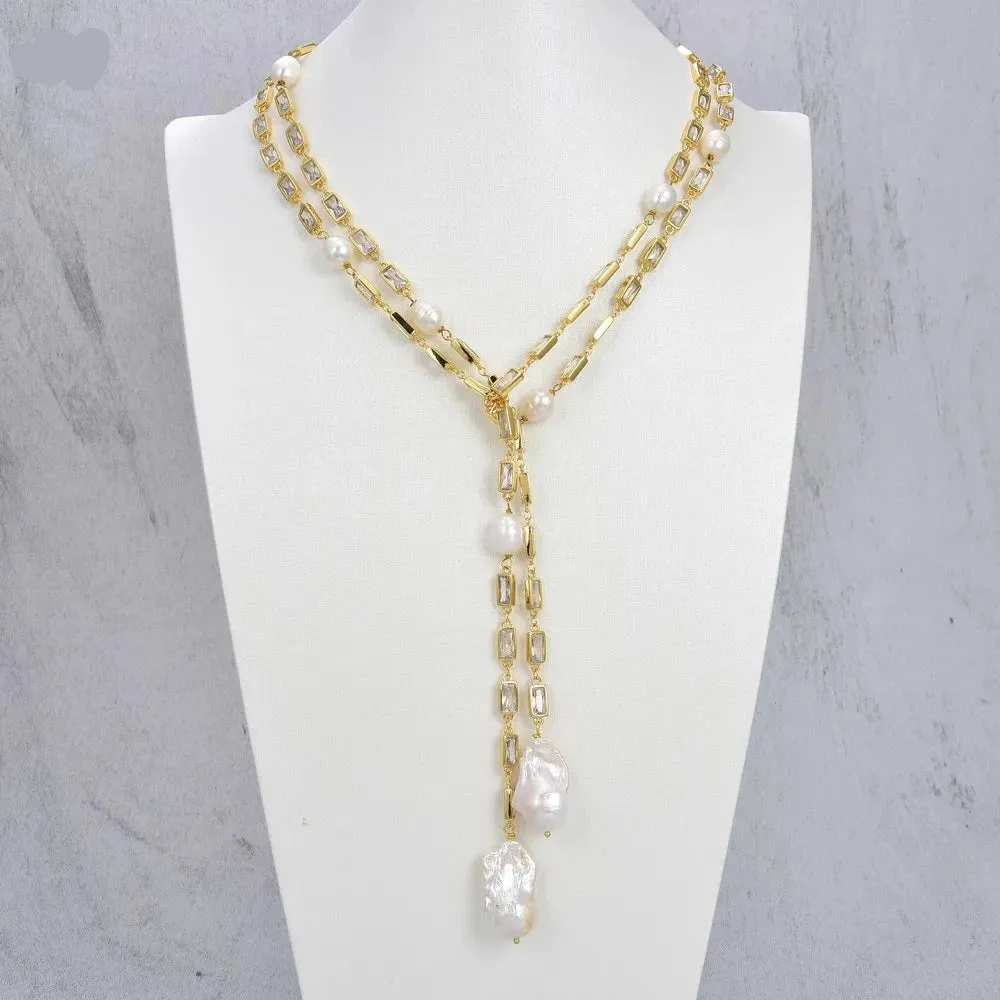 Cultured White Keshi Pearl Rectangle Cz Pave gold plate Chain Necklace 50"