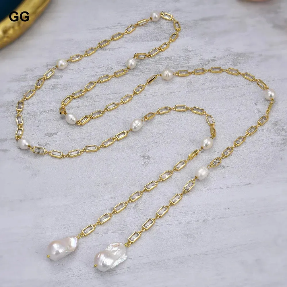 Cultured White Keshi Pearl Rectangle Cz Pave gold plate Chain Necklace 50"