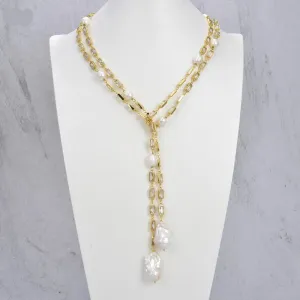 Cultured White Keshi Pearl Rectangle Cz Pave gold plate Chain Necklace 50"