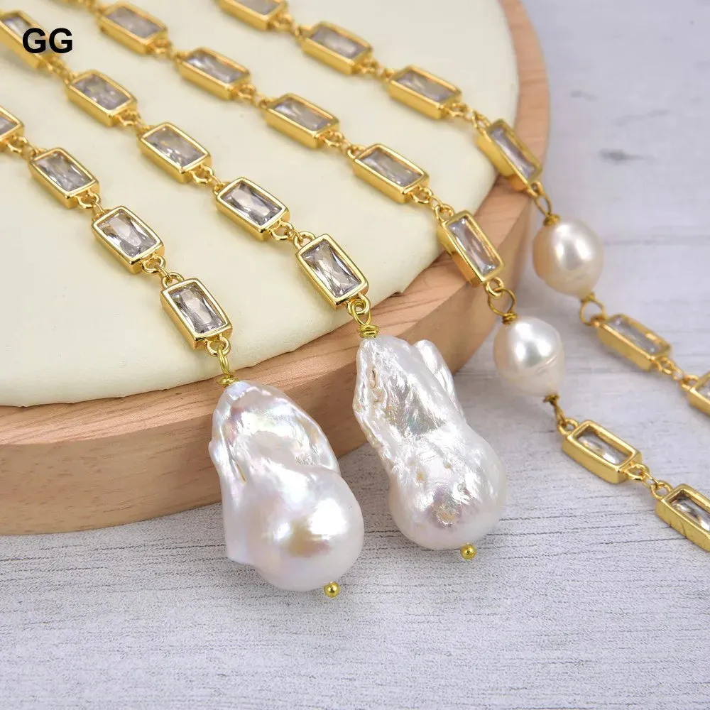 Cultured White Keshi Pearl Rectangle Cz Pave gold plate Chain Necklace 50"