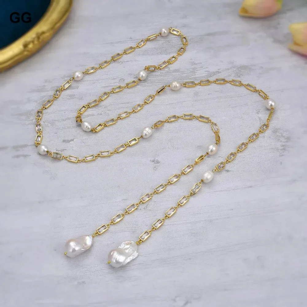 Cultured White Keshi Pearl Rectangle Cz Pave gold plate Chain Necklace 50"
