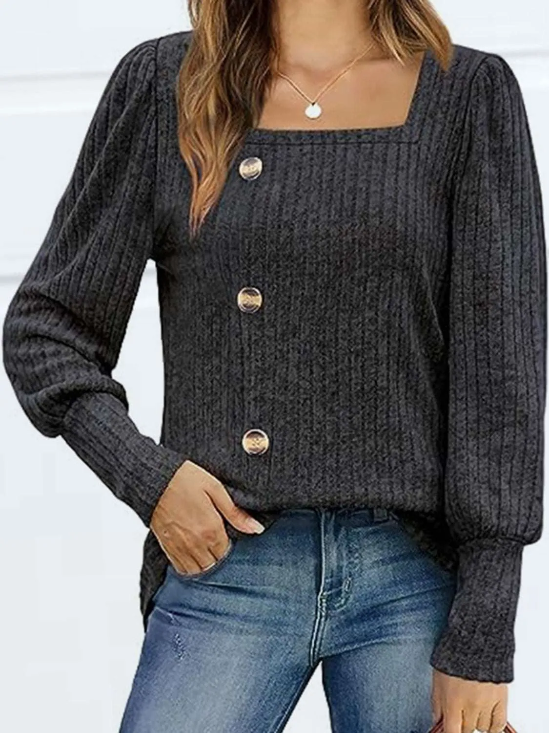Decorative Button Square Neck Top (5 Colors)