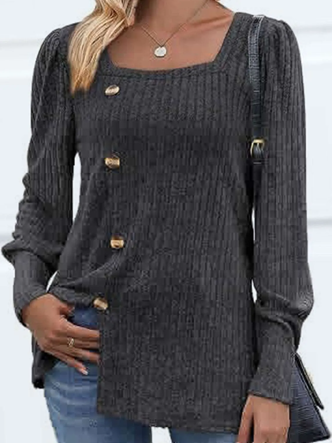Decorative Button Square Neck Top (5 Colors)