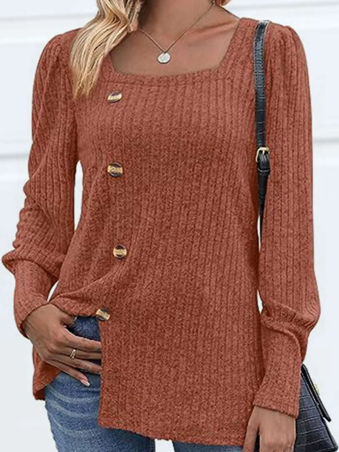 Decorative Button Square Neck Top (5 Colors)