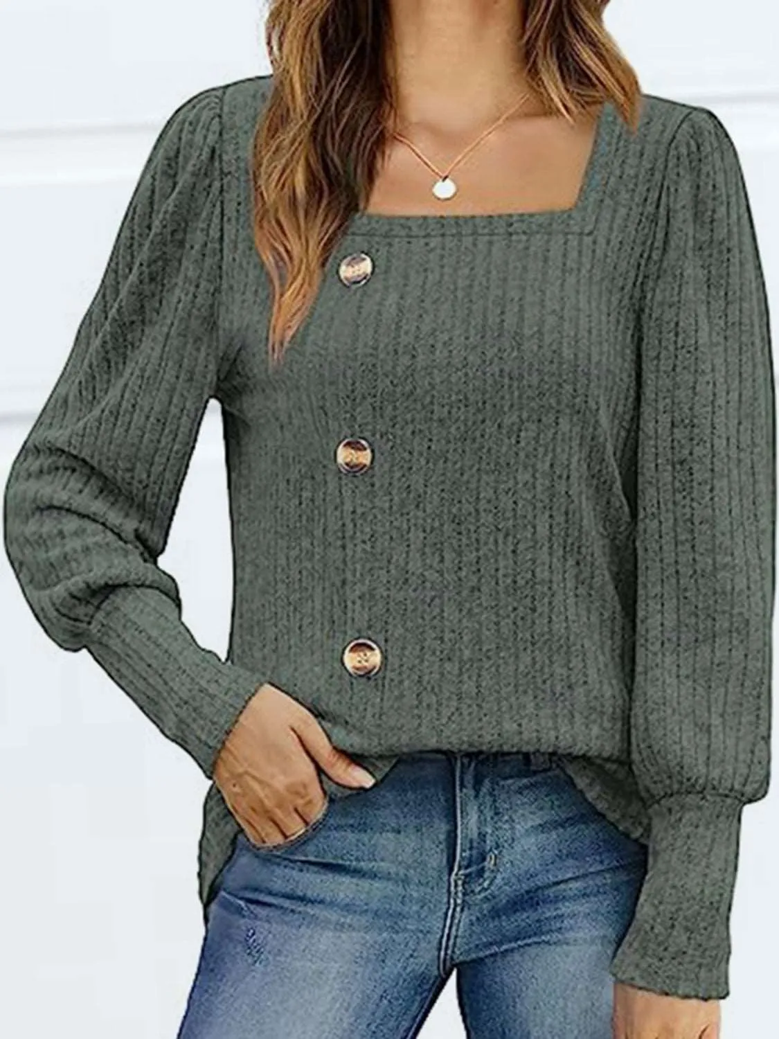 Decorative Button Square Neck Top (5 Colors)