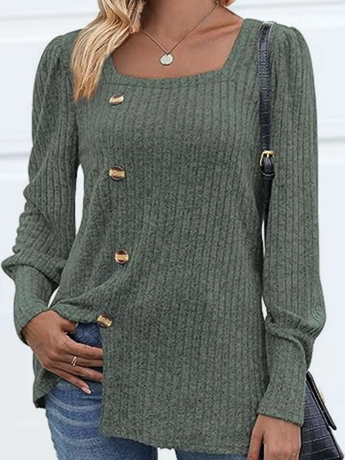 Decorative Button Square Neck Top (5 Colors)