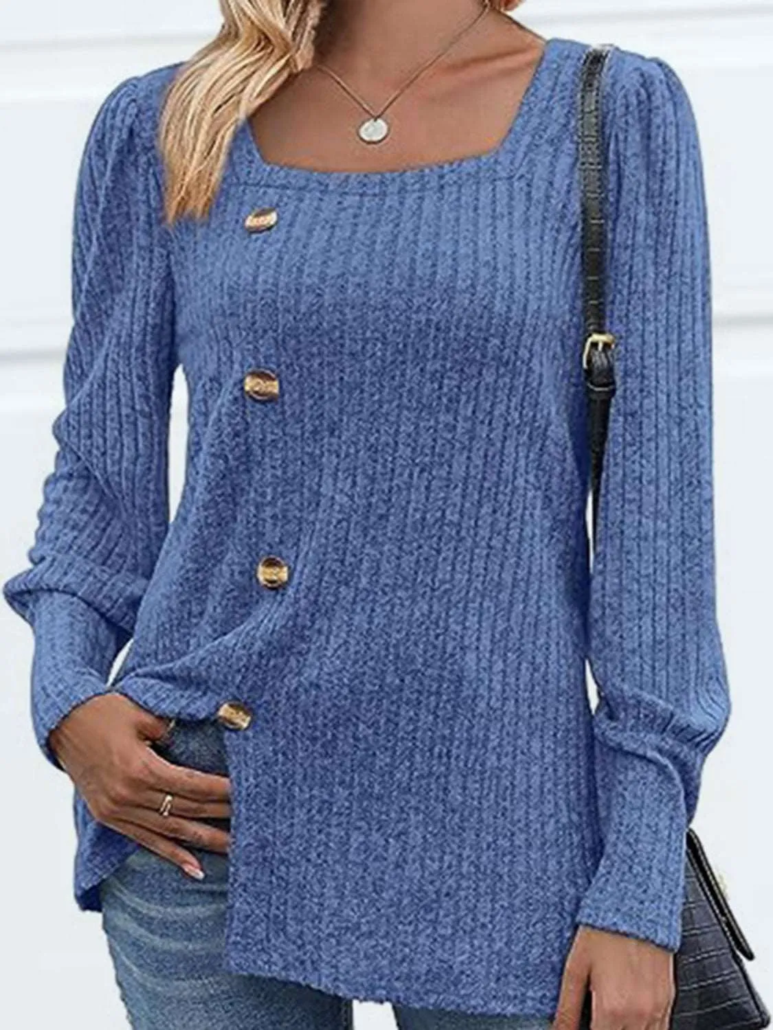 Decorative Button Square Neck Top (5 Colors)