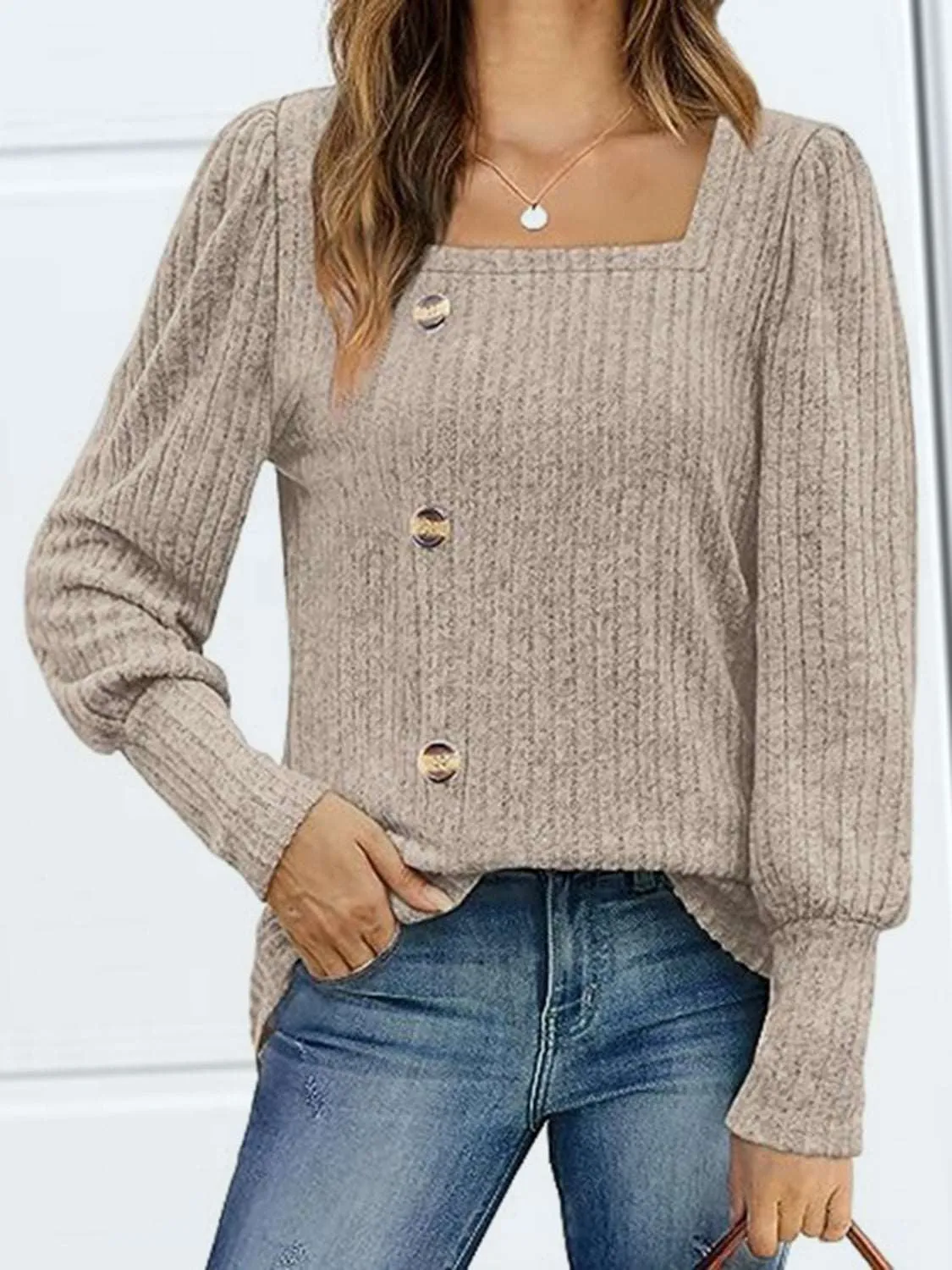 Decorative Button Square Neck Top (5 Colors)