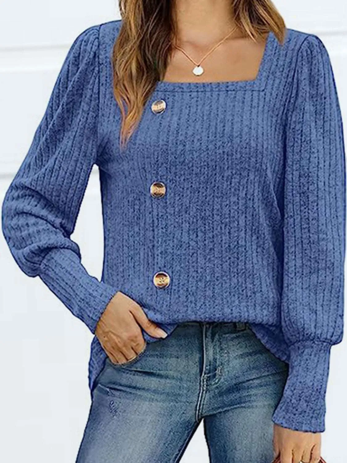 Decorative Button Square Neck Top (5 Colors)