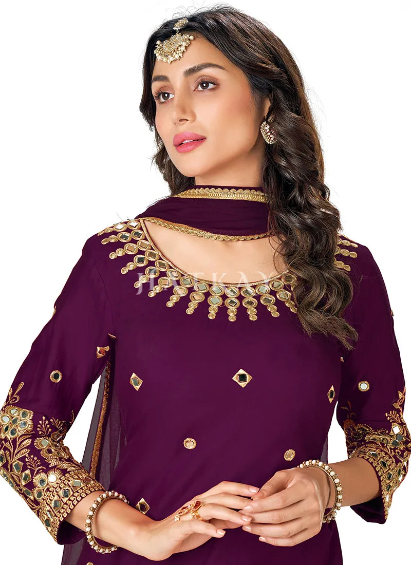 Deep Wine Mirror Work Punjabi Patiala Suit