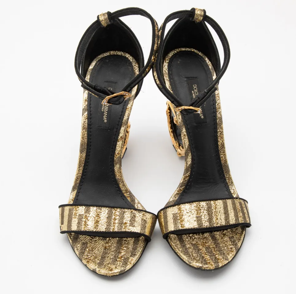Dolce & Gabbana Lurex Fabric Gold Keira DG Logo Heel Ankle Strap Sandal (Pre-Owned)