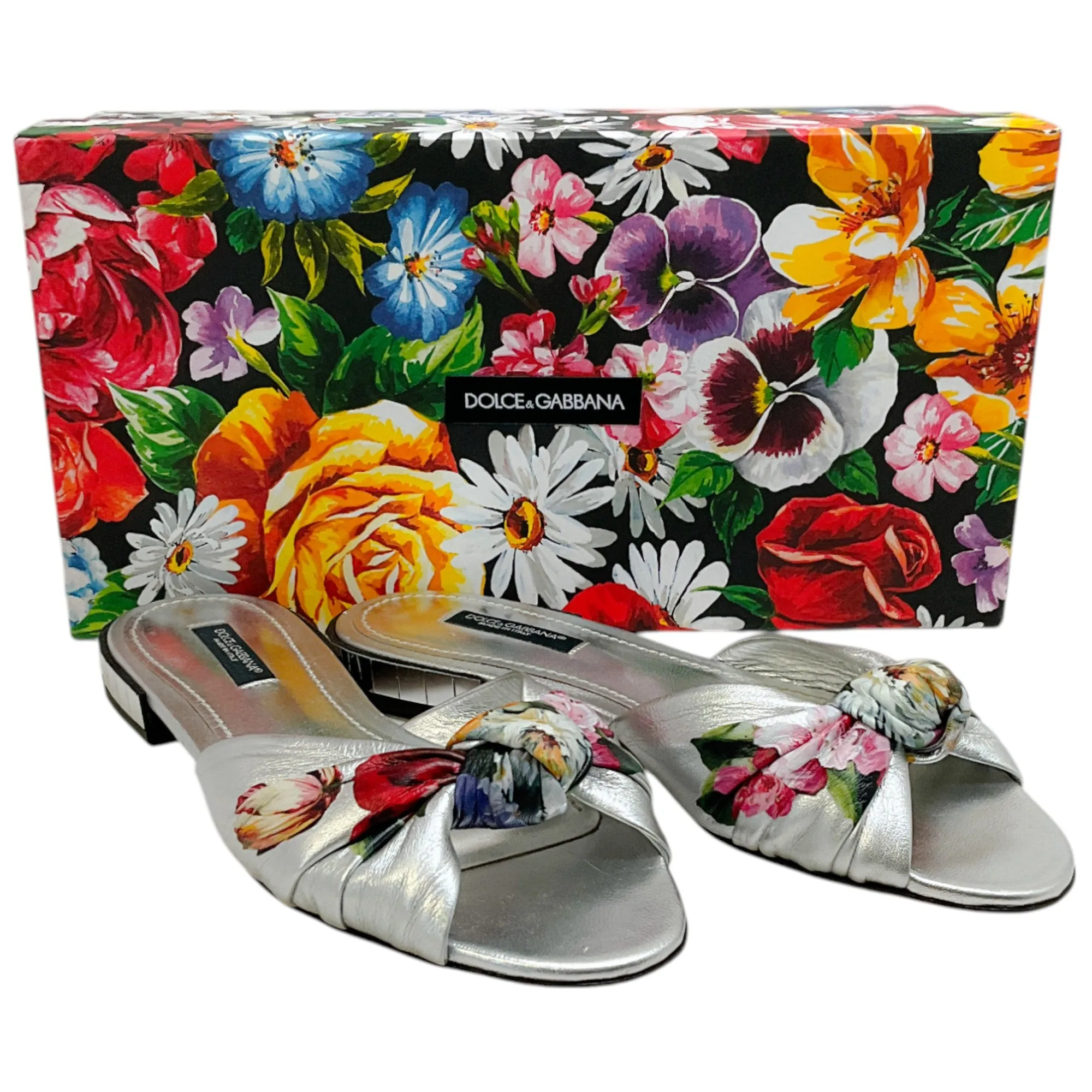 Dolce & Gabbana Silver Floral Flat Slide Sandals